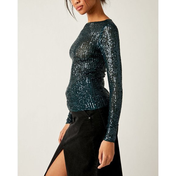 Free People Sequin Long Sleeve Top - Teal - Picture 2 of 5